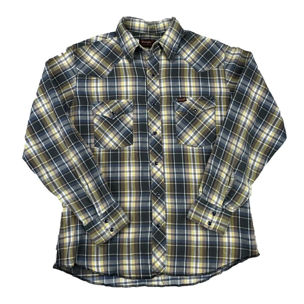 Vintage USA Made Wrangler Cotton Flannel Pearl Snap‎ Western Style Shirt Large